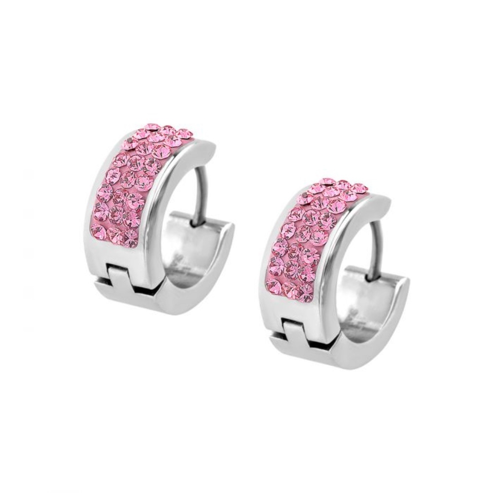 Light Pink Crystal Gem in Steel Huggies Earrings - Picture 2 of 2